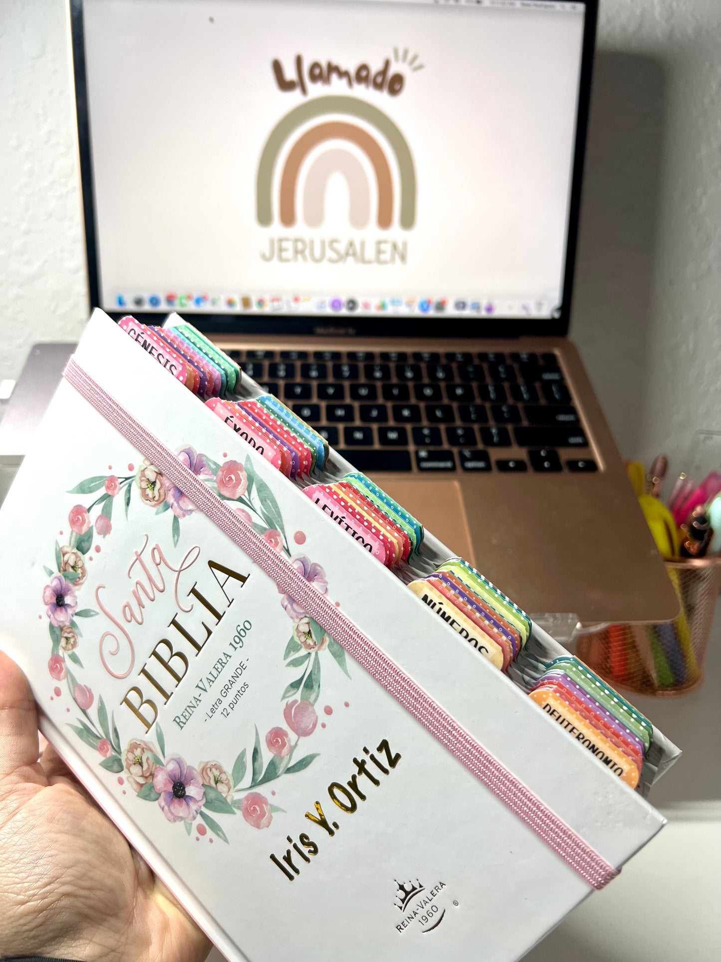 Biblia Letra Grande 12 puntos para Mujer RV1960 tapa dura rosa floral con elástico