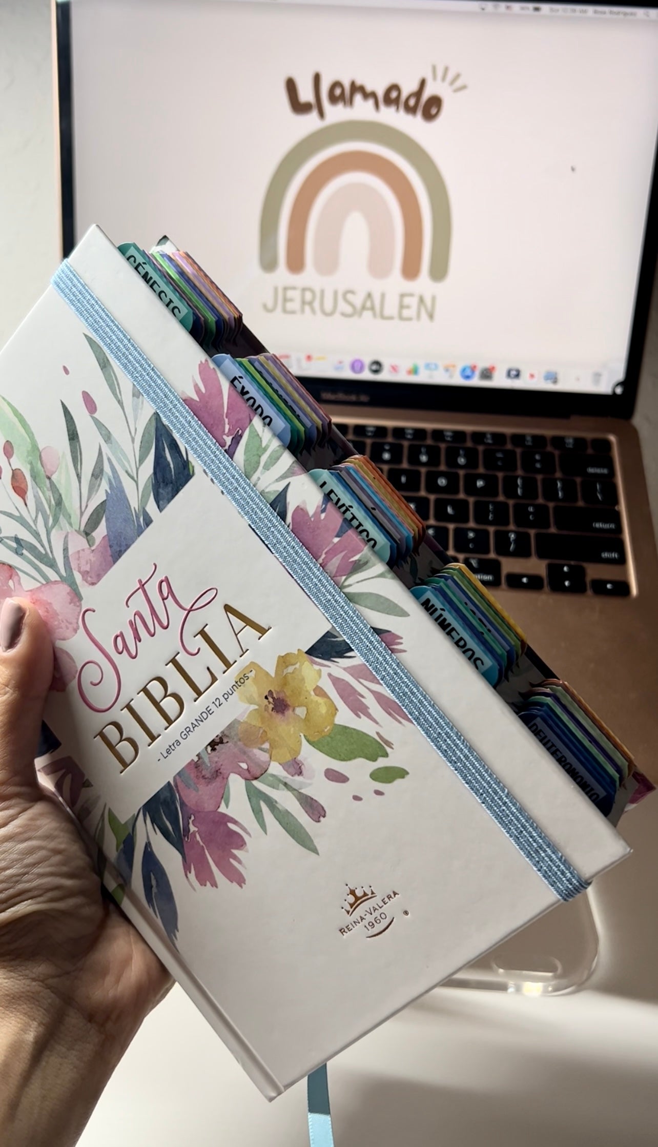 Biblia Letra Grande 12 puntos para Mujer RV1960 tapa dura celeste floral con elástico