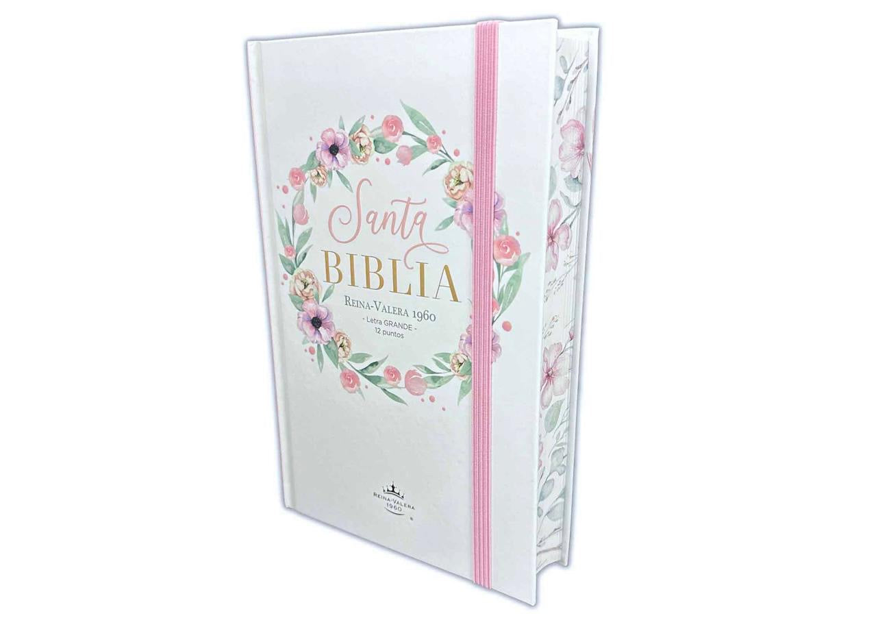 Biblia Letra Grande 12 puntos para Mujer RV1960 tapa dura rosa floral con elástico